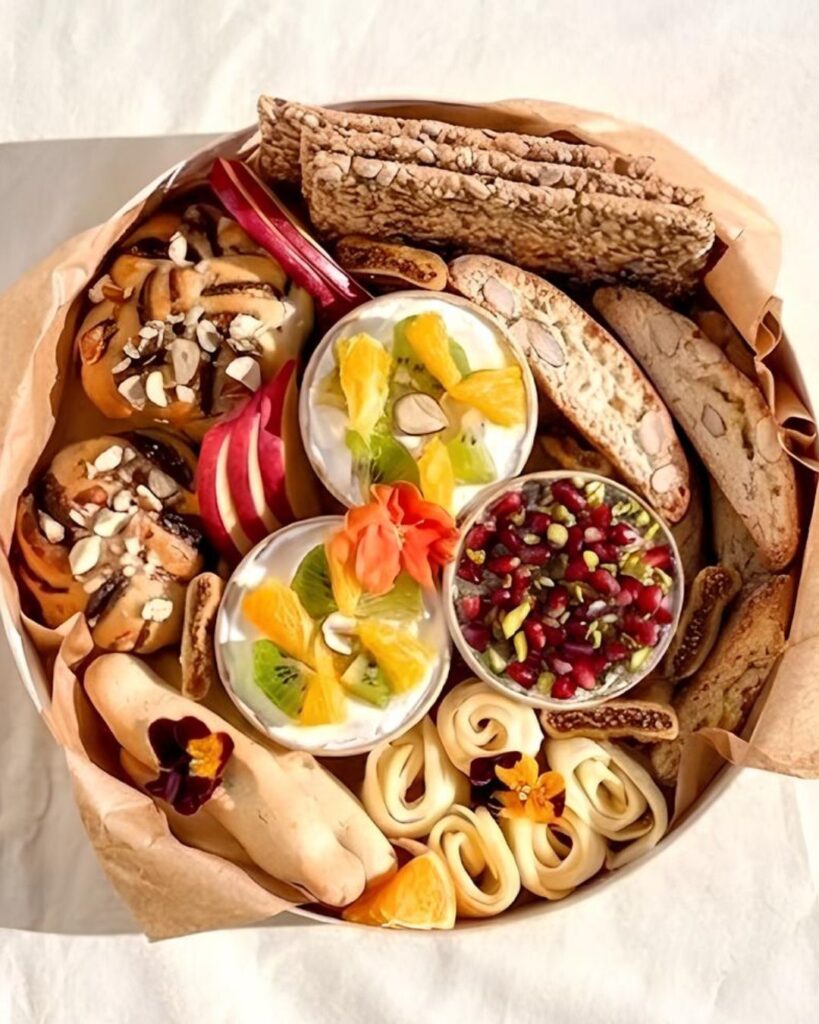 plateau brunch avec babka chocolat noisettes, fromage, labneh sucré, navettes à la fleur d'oranger, croquants aux amandes, crackers et fruits de saison