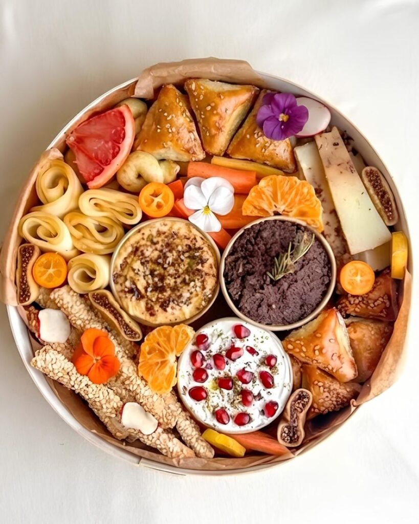 plateau pour apéro à base de fromages, fruits & légumes de saison, labneh, tapenade