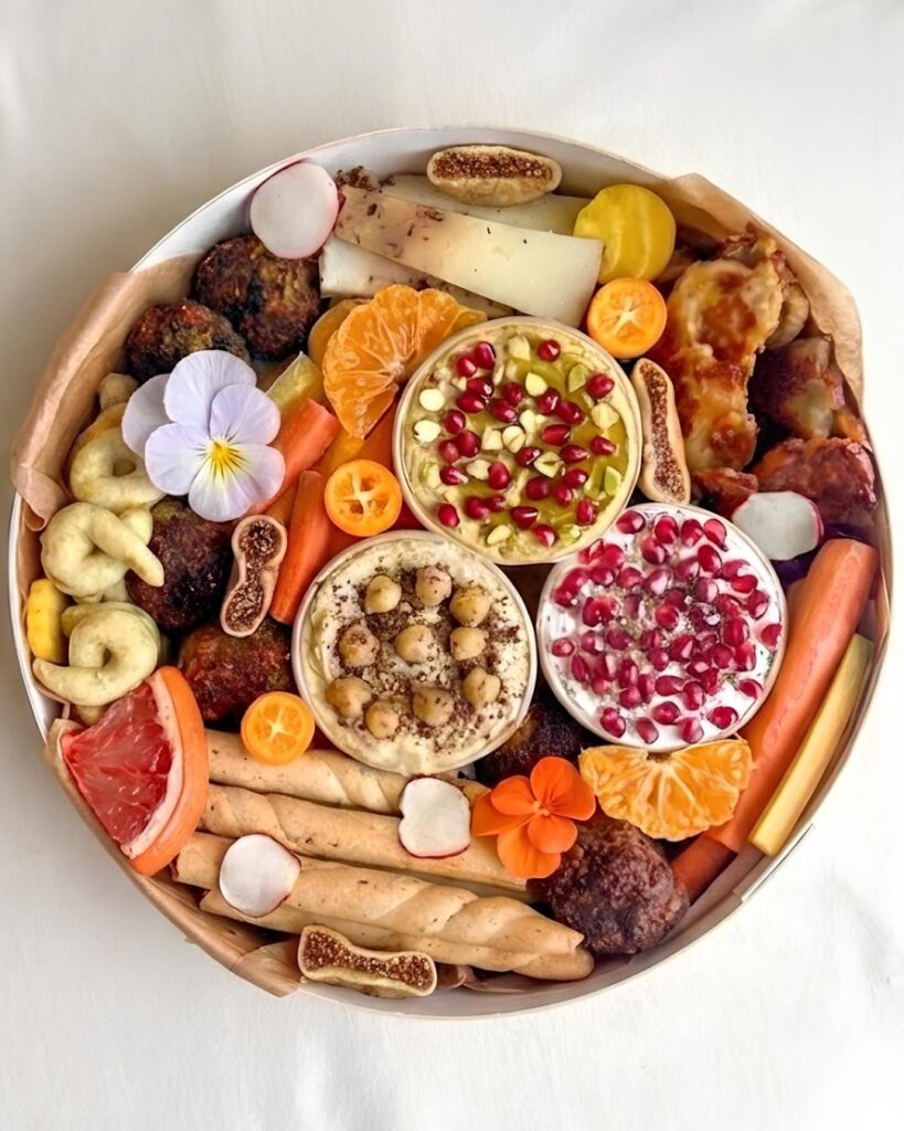 plateau fait maison pour un apéro à base de falafels, houmous, labneh, fruits & légumes de saison et fromages