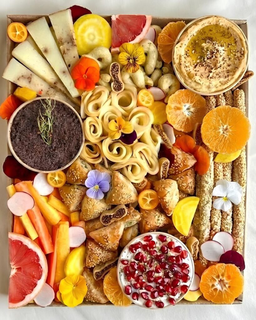 plateau fait maison pour apéro à base de fromages, fruits & légumes de saison, labneh, tapenade, houmous de lentilles corails, borekas, taralli