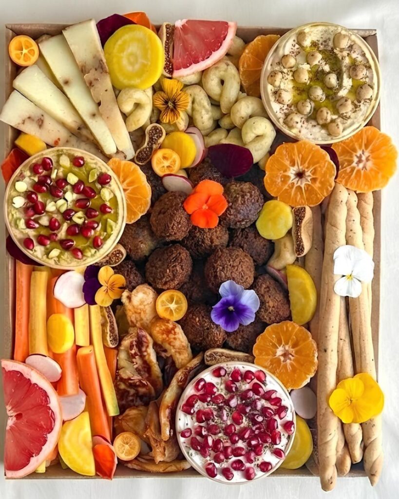 plateau fait maison pour un apéro à base de falafels, houmous, labneh, fruits & légumes de saison et fromages